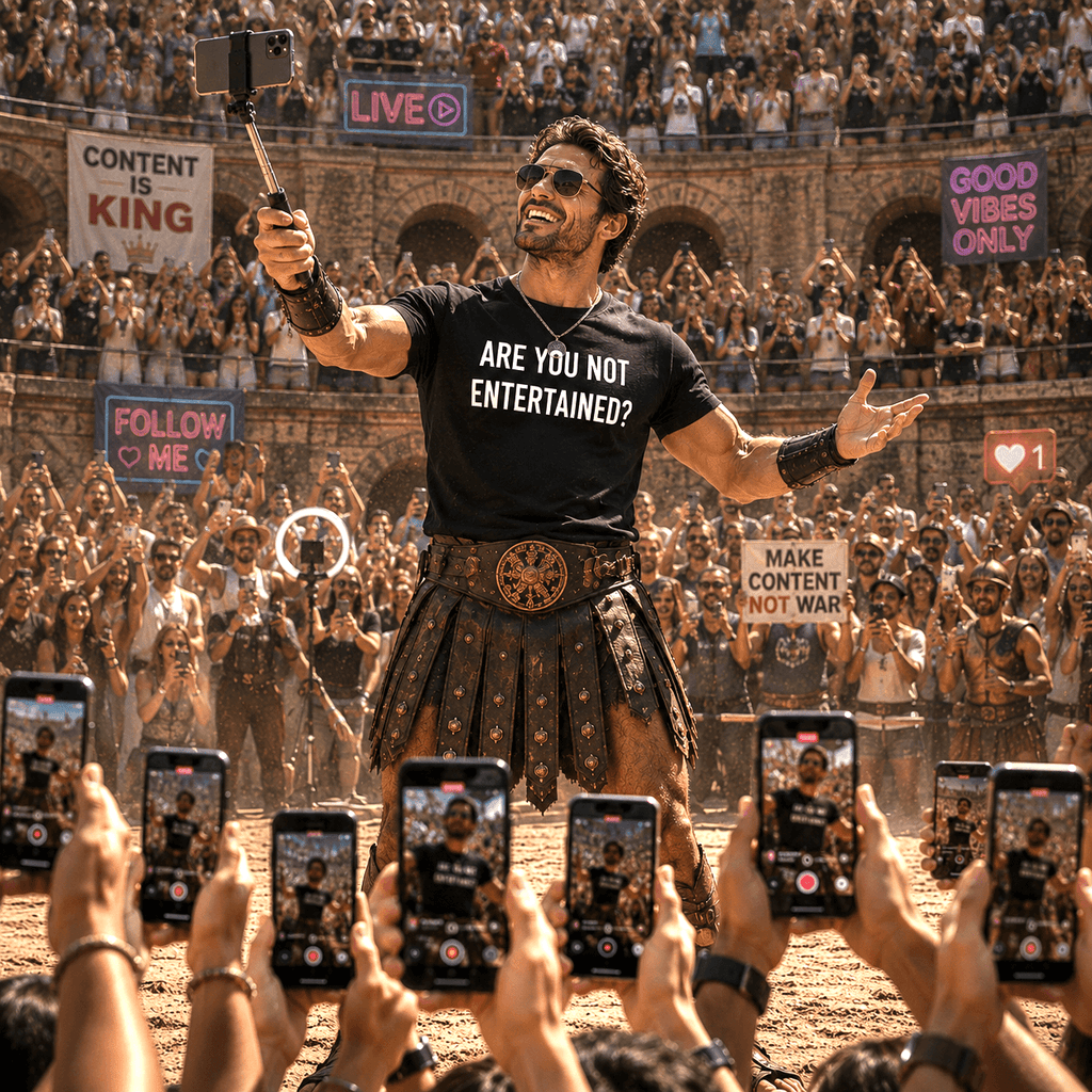 ARE YOU NOT ENTERTAINED? Gladiator-inspired conspiracy satire statement t-shirt | BASED ALT-WEAR