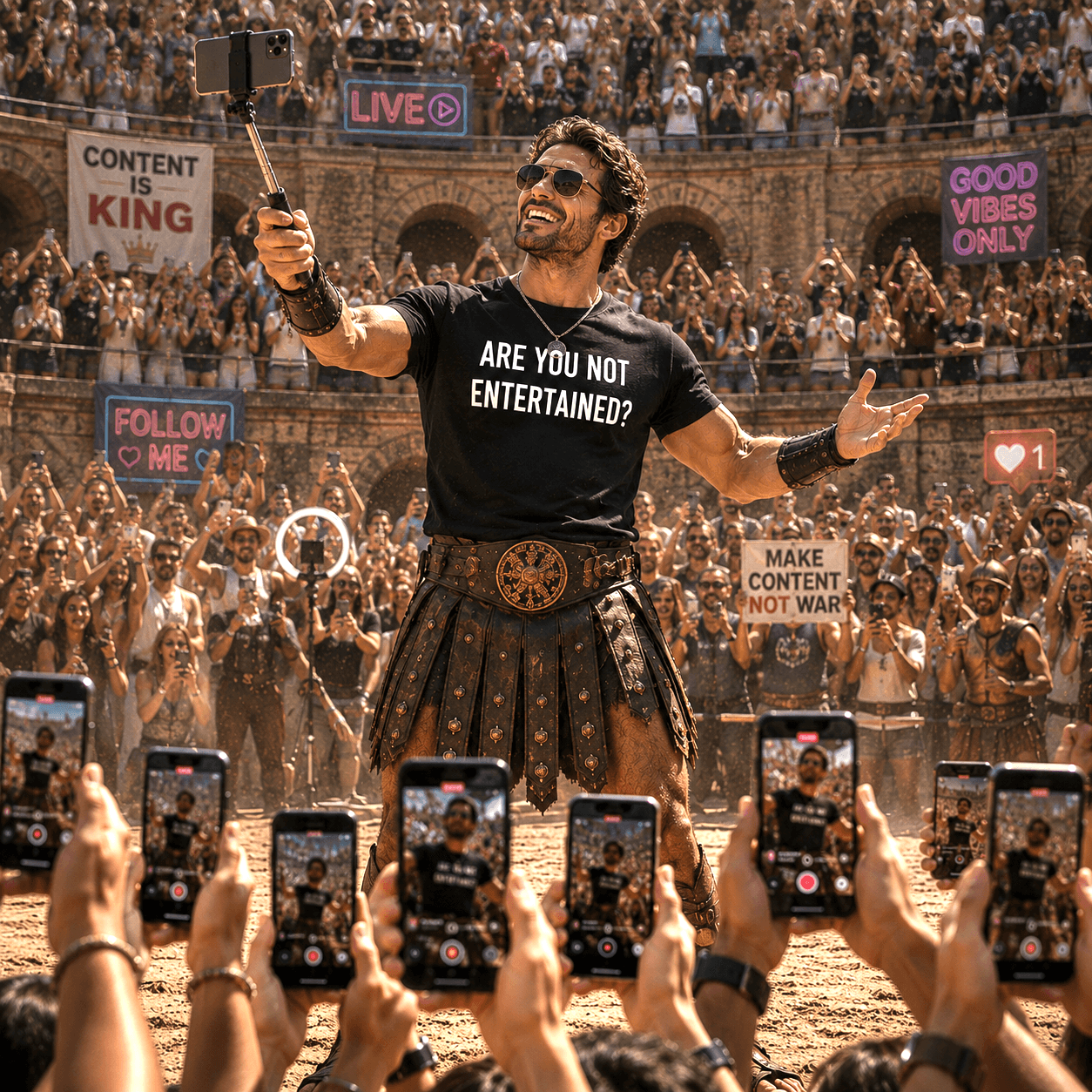 ARE YOU NOT ENTERTAINED? Gladiator-inspired conspiracy satire statement t-shirt | BASED ALT-WEAR