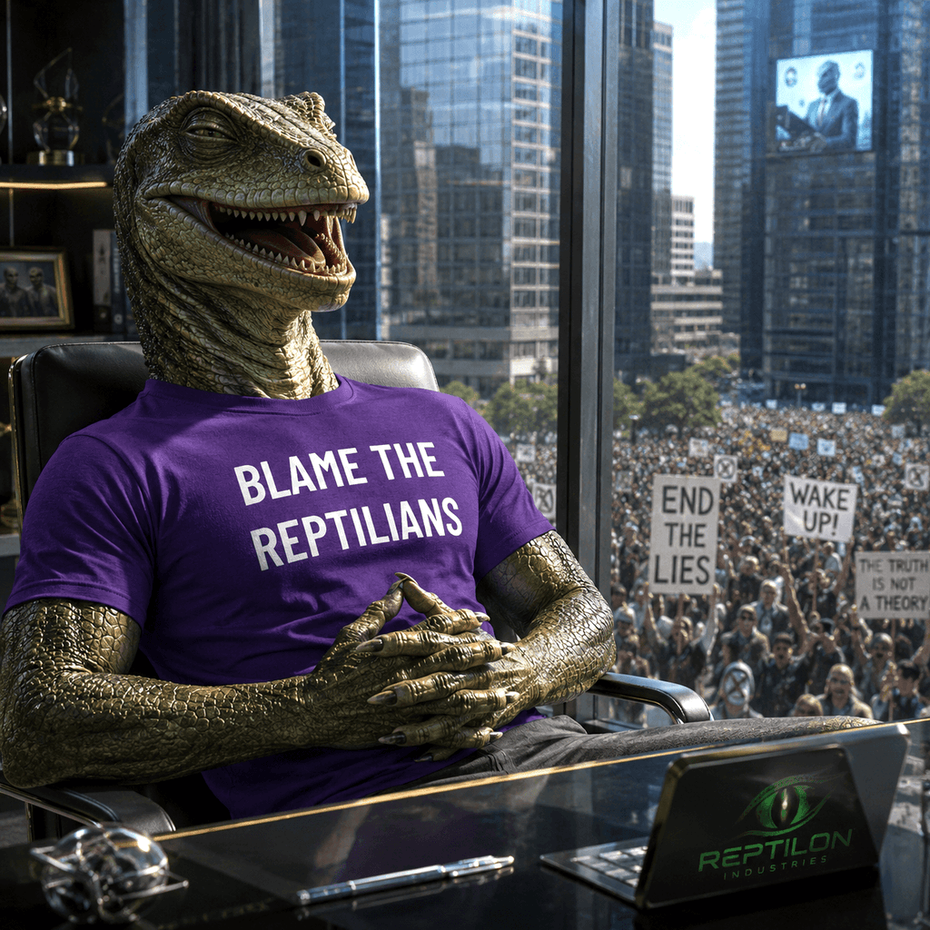BLAME THE REPTILIANS satirical conspiracy statement t-shirt | BASED ALT-WEAR