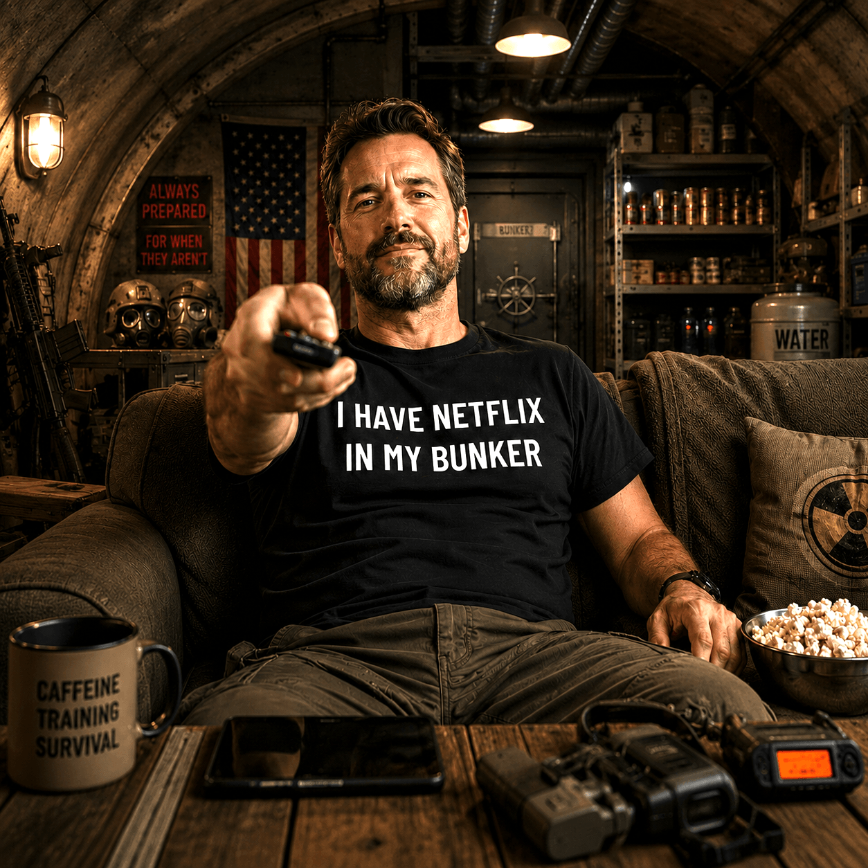 I HAVE NETFLIX IN MY BUNKER comfort-prepper satire statement t-shirt | BASED ALT-WEAR