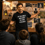 I'M THE UNCLE WHO DOES HIS OWN RESEARCH conspiracy humor statement t-shirt featured | BASED ALT-WEAR