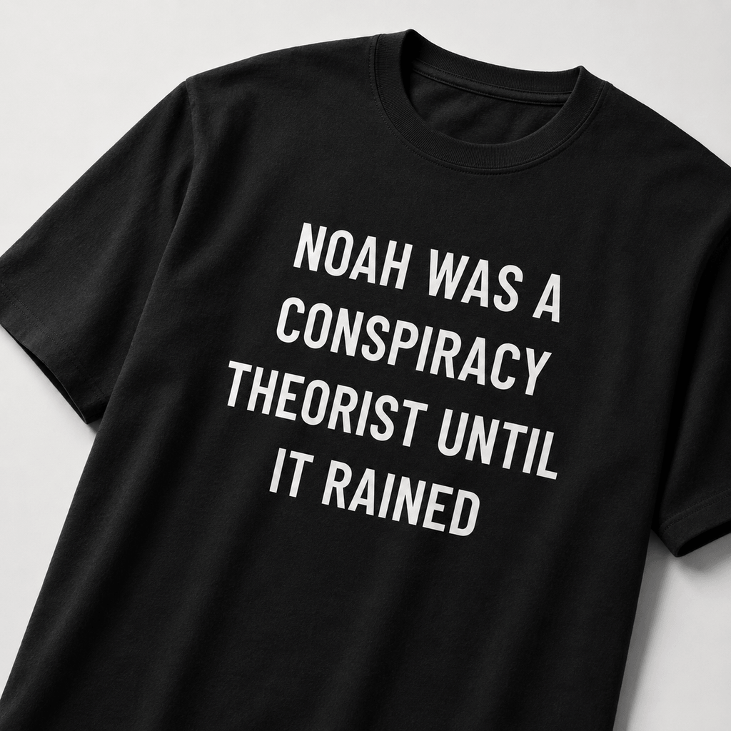 NOAH WAS A CONSPIRACY THEORIST UNTIL IT RAINED Biblical-meets-prepper satire statement t-shirt | BASED ALT-WEAR