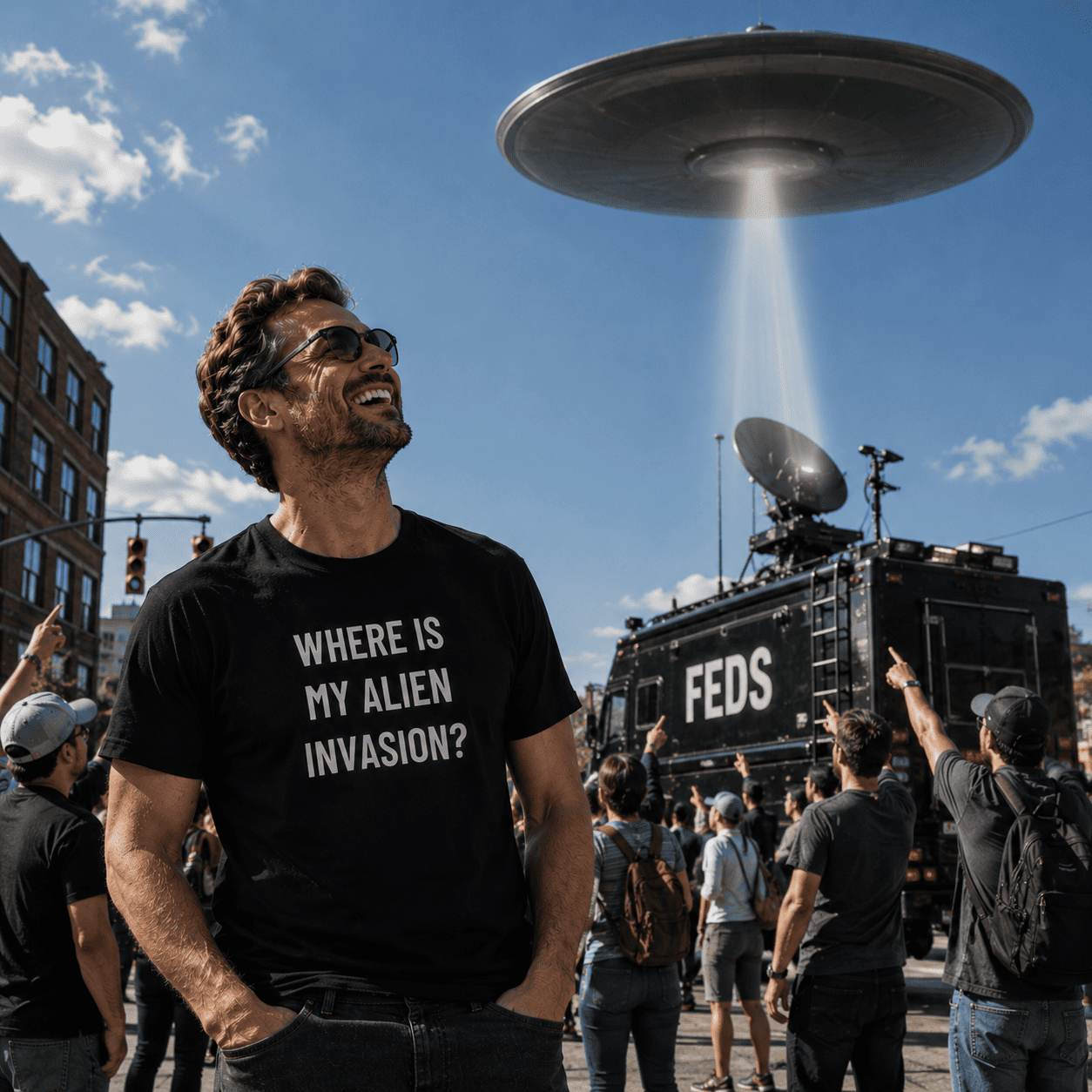 WHERE IS MY ALIEN INVASION? UFO-disclosure satire statement t-shirt | BASED ALT-WEAR