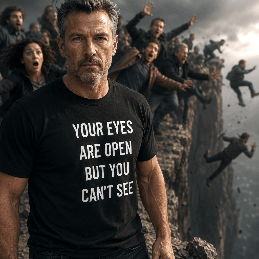 YOUR EYES ARE OPEN BUT YOU CAN'T SEE redpill statement t-shirt featured front | BASED ALT-WEAR