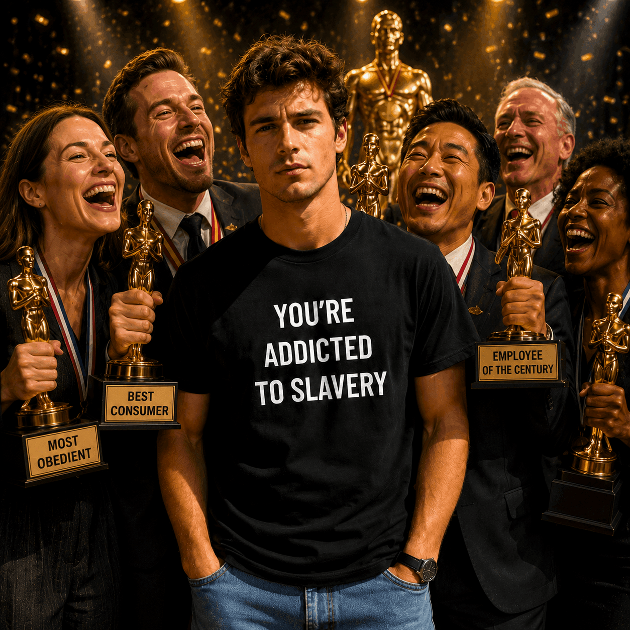 YOU'RE ADDICTED TO SLAVERY anti-consumerism blackpill statement t-shirt featured | BASED ALT-WEAR