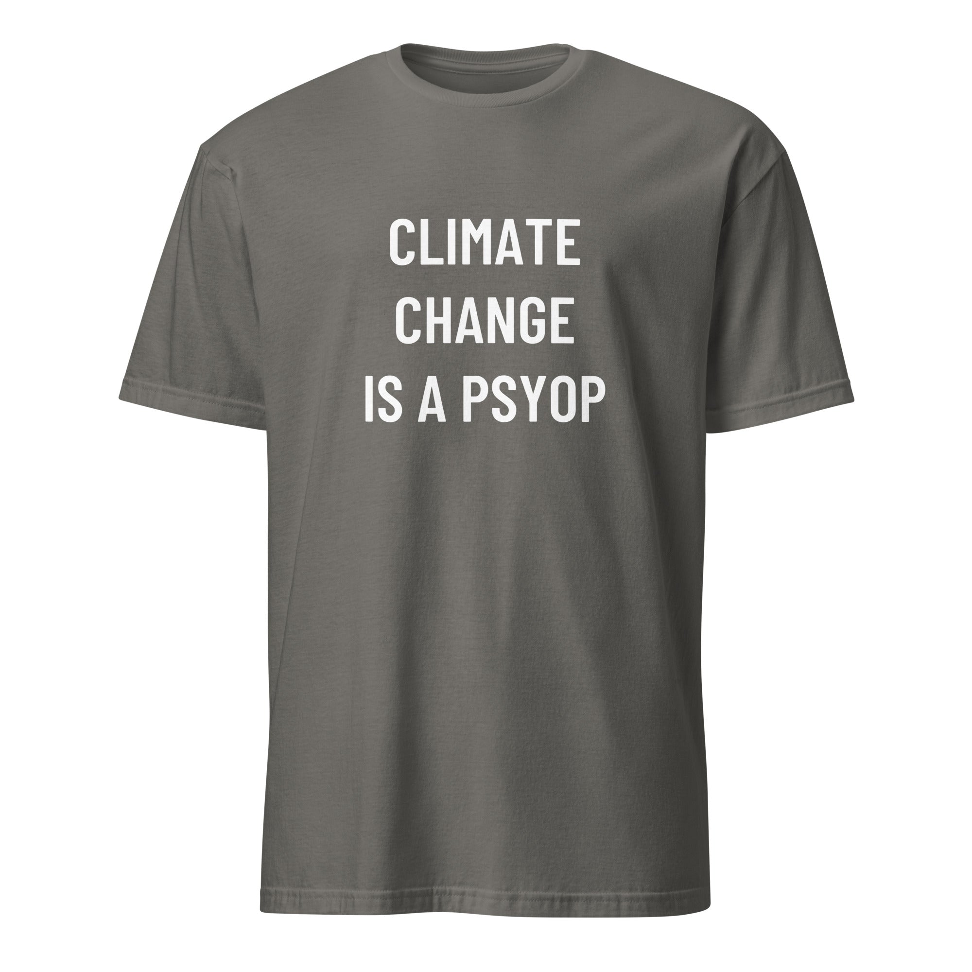 CLIMATE CHANGE IS A PSYOP climate-skeptic statement t-shirt in Grey | BASED ALT-WEAR
