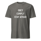 OBEY COMPLY STAY AFRAID anti-authoritarian blackpill statement t-shirt in Grey | BASED ALT-WEAR