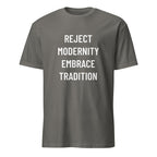 REJECT MODERNITY EMBRACE TRADITION trad-culture statement t-shirt in Grey | BASED ALT-WEAR