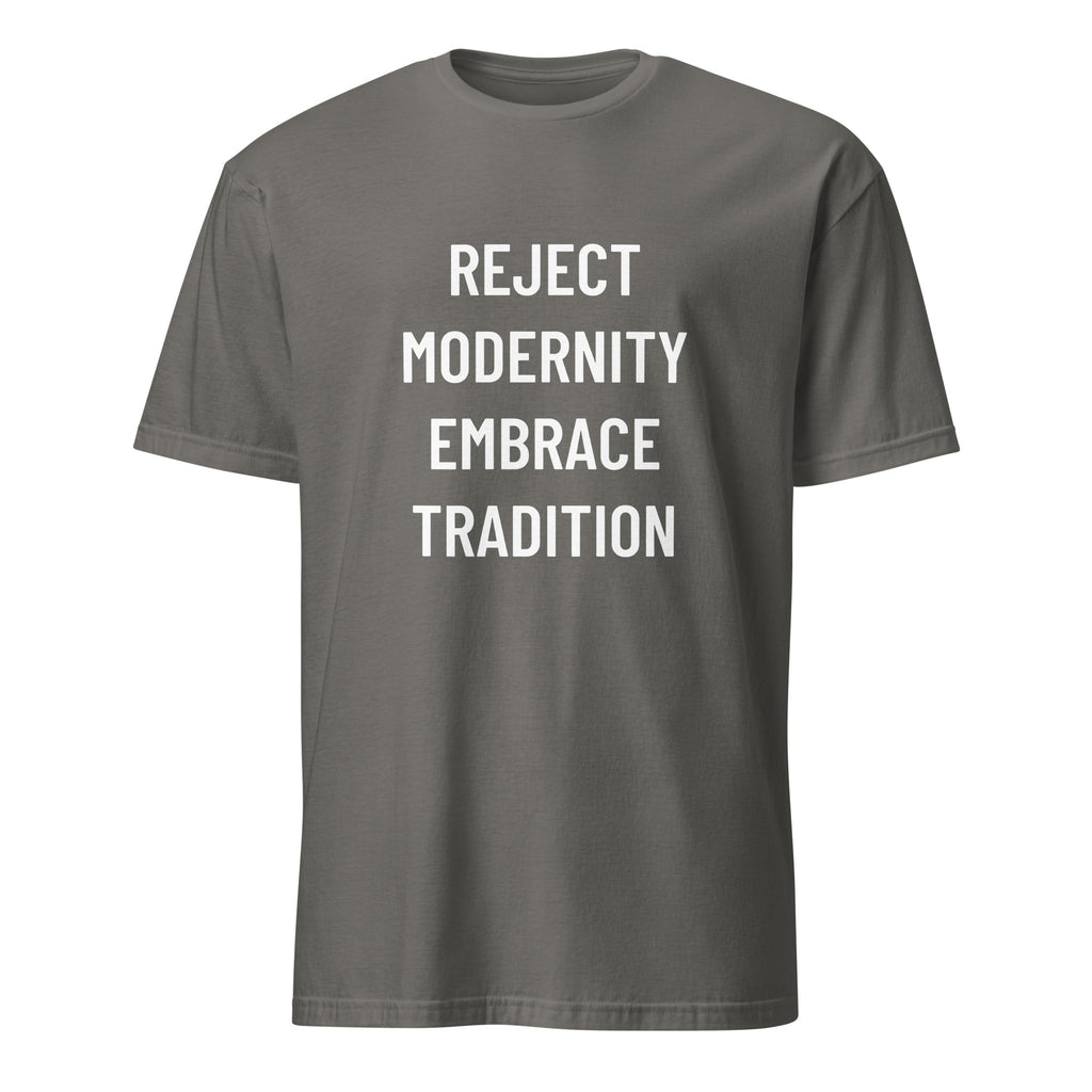 REJECT MODERNITY EMBRACE TRADITION trad-culture statement t-shirt in Grey featured | BASED ALT-WEAR