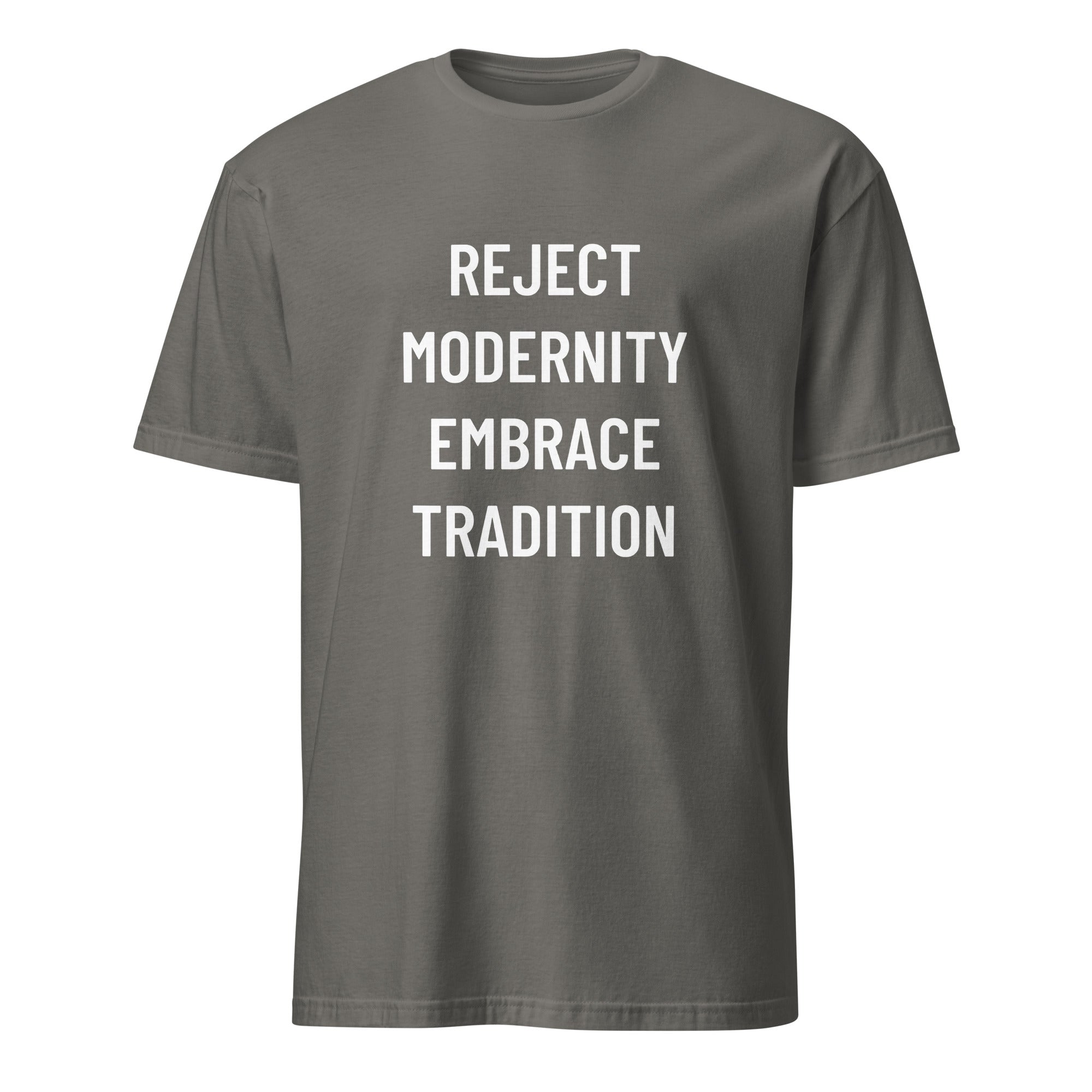 REJECT MODERNITY EMBRACE TRADITION trad-culture statement t-shirt in Grey featured | BASED ALT-WEAR