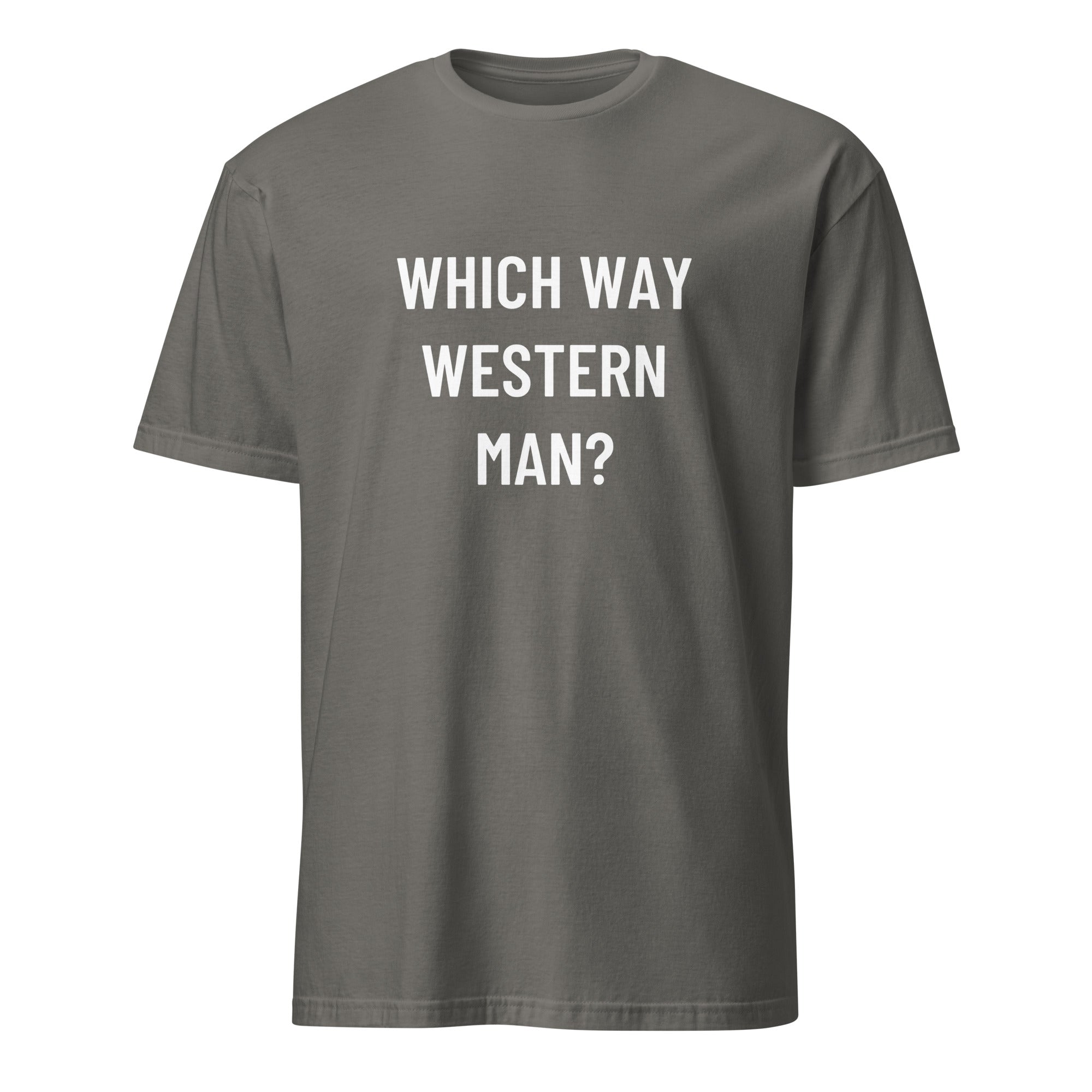 WHICH WAY WESTERN MAN? cultural-introspection statement t-shirt in Grey | BASED ALT-WEAR