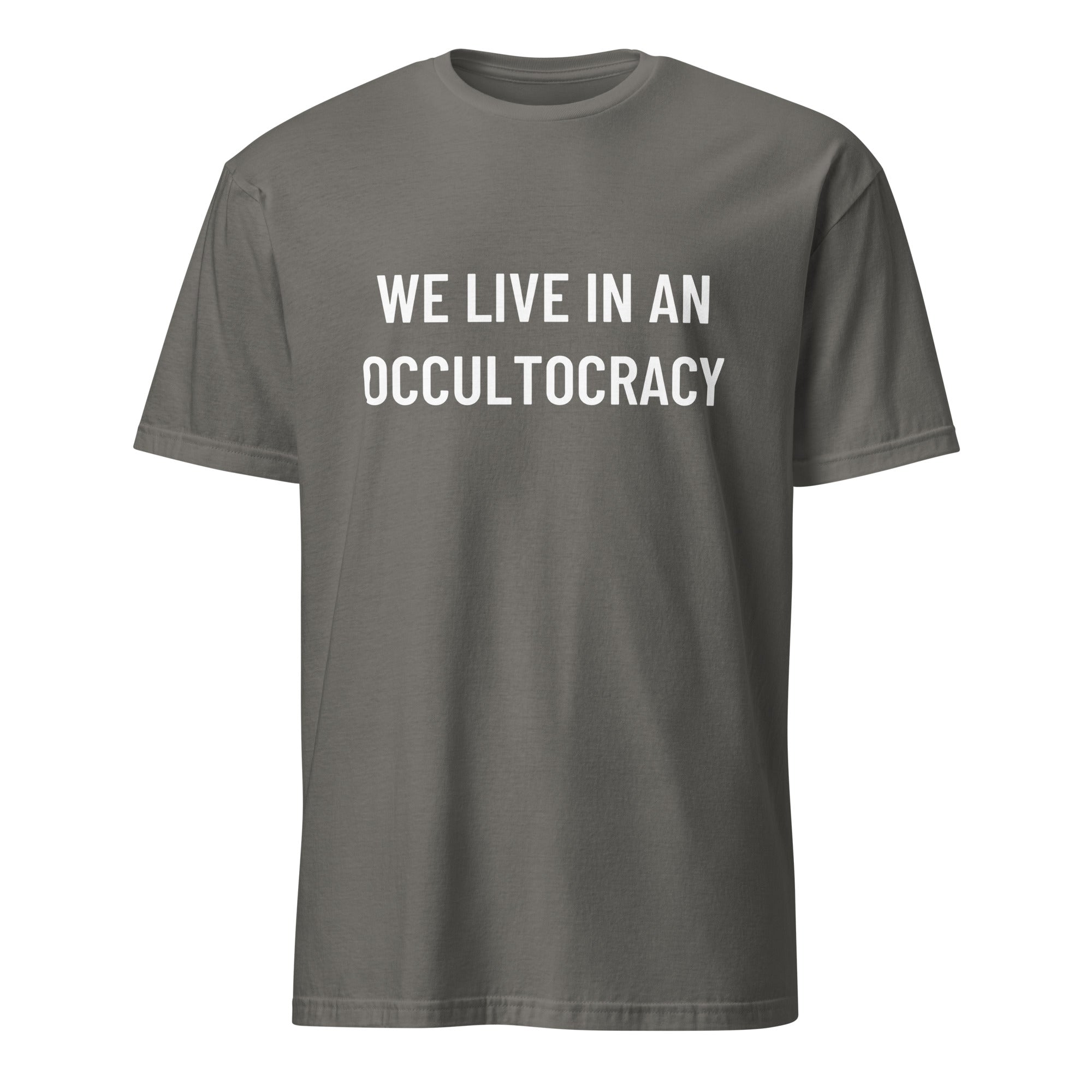 WE LIVE IN AN OCCULTOCRACY esoteric-skeptic statement t-shirt in Grey | BASED ALT-WEAR