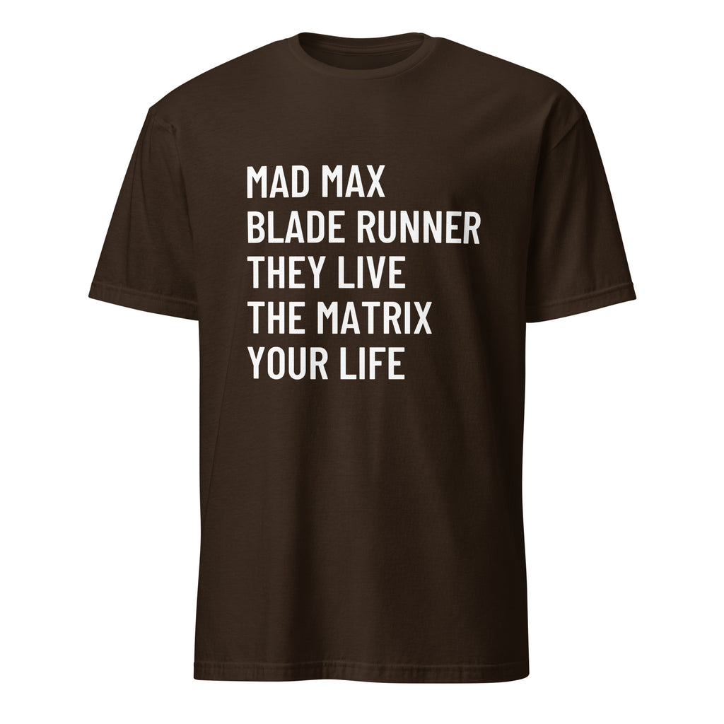 MAD MAX BLADE RUNNER THEY LIVE THE MATRIX YOUR LIFE dystopian cinema statement t-shirt in Pink | BASED ALT-WEAR