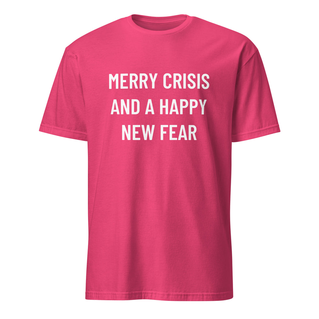 MERRY CRISIS AND A HAPPY NEW FEAR dark-humor statement t-shirt in Red | BASED ALT-WEAR