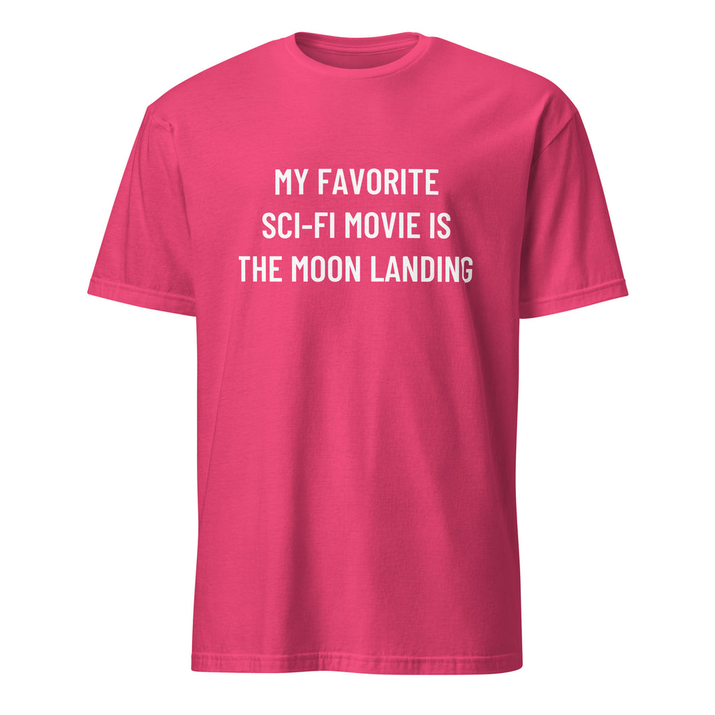 MY FAVORITE SCI-FI MOVIE IS THE MOON LANDING moon-hoax satire statement t-shirt in Red | BASED ALT-WEAR