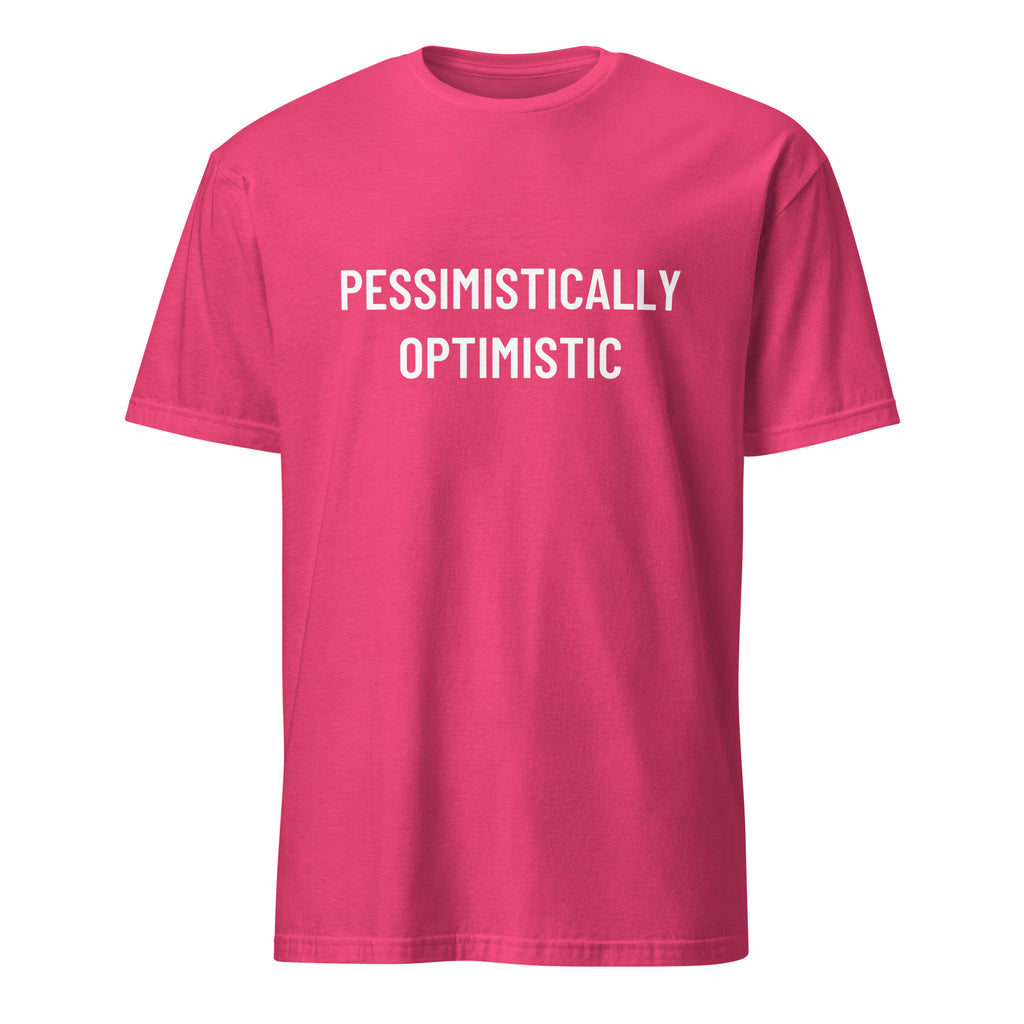 PESSIMISTICALLY OPTIMISTIC realist blackpill statement t-shirt in Red | BASED ALT-WEAR