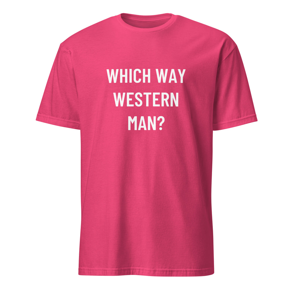 WHICH WAY WESTERN MAN? cultural-introspection statement t-shirt in Red | BASED ALT-WEAR
