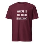 WHERE IS MY ALIEN INVASION? UFO-disclosure satire statement t-shirt in Brown | BASED ALT-WEAR