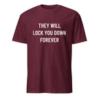 THEY WILL LOCK YOU DOWN FOREVER anti-lockdown statement t-shirt in Brown | BASED ALT-WEAR