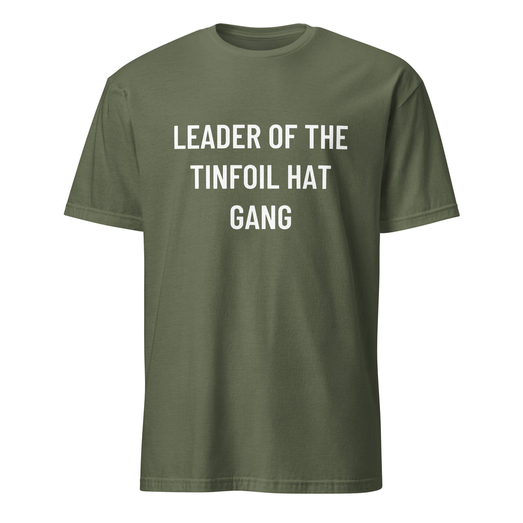 LEADER OF THE TINFOIL HAT GANG conspiracy humor statement t-shirt in Brown | BASED ALT-WEAR